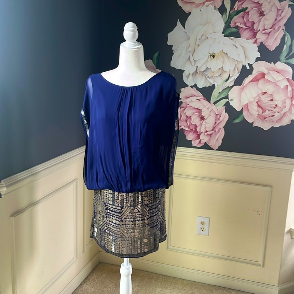 Blue dress with metal details on skirt and sleeve